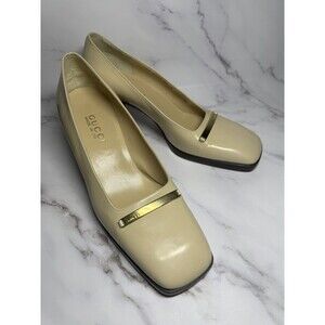 VTG Gucci Logo Pump Block Heels Shoes US Size 8.5 Beige Leather Square Toe EU 39